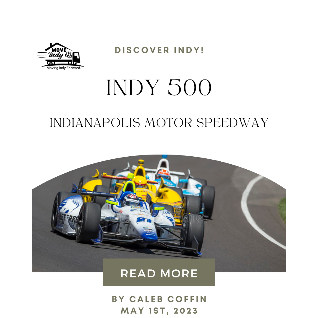 Indy 500 cars are displayed in the cover to the article Move Indy writes about the Indy 500 race.